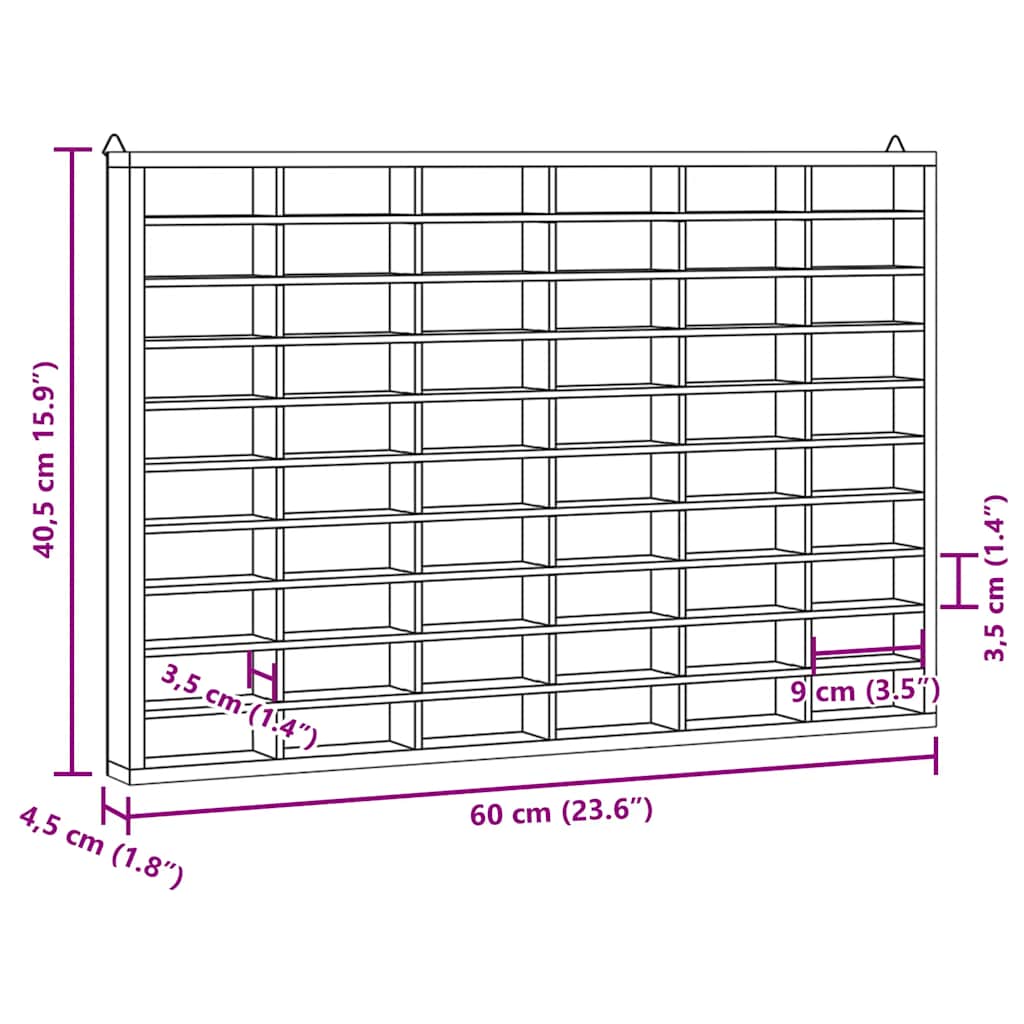 Vitrine de colecionador de madeira com 60 compartimentos 60x4,5x40,5cm