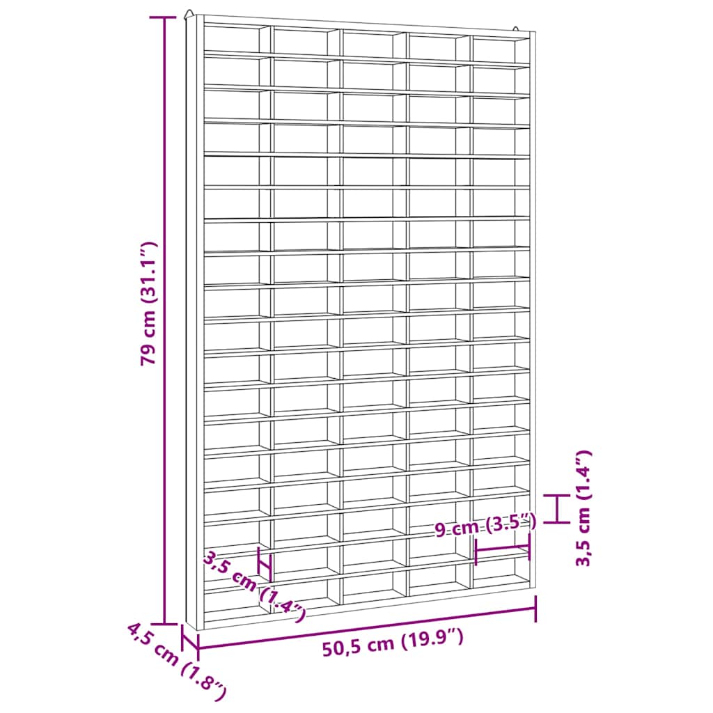 Vitrine de colecionador de madeira com 90 compartimentos 50,5x4,5x79cm