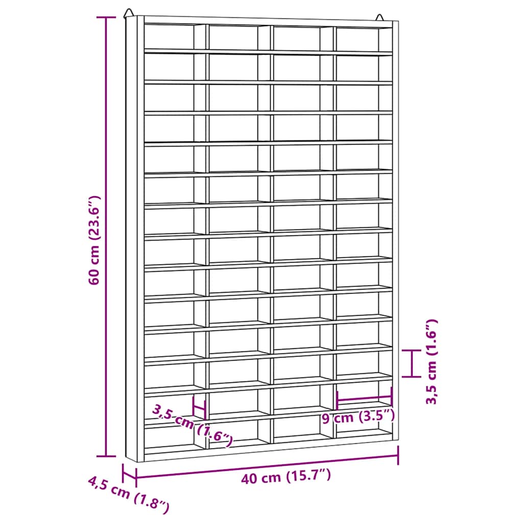 Vitrine de colecionador de madeira com 56 compartimentos 40x4,5x60cm