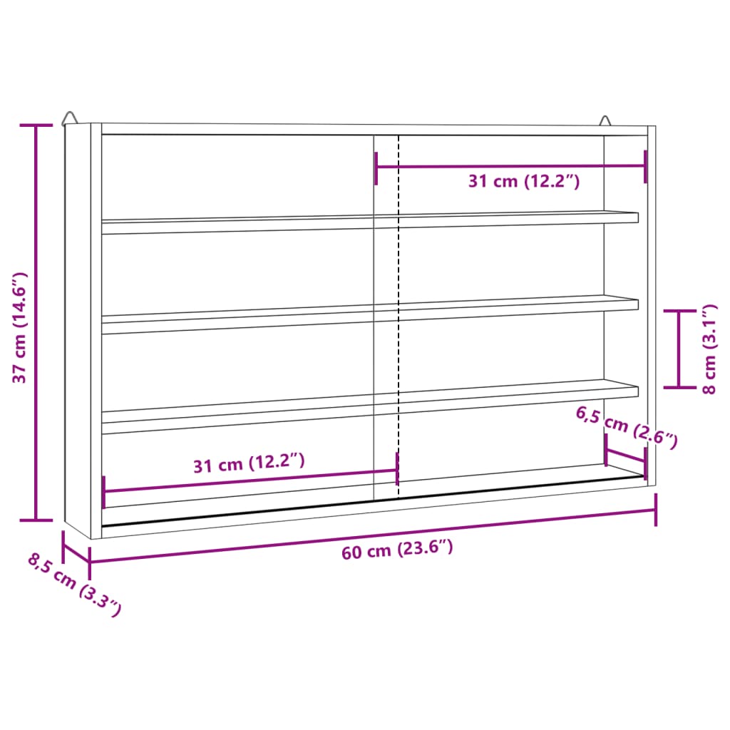 Vitrine de colecionador de madeira com portas 60x8,5x37cm
