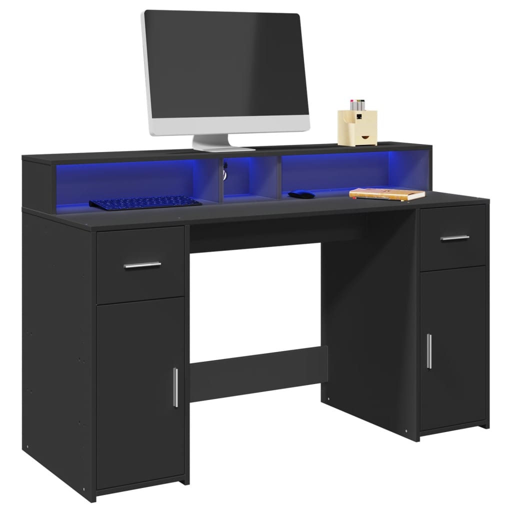 Secretária c/ luzes LED 140x55x91 cm derivados de madeira preto