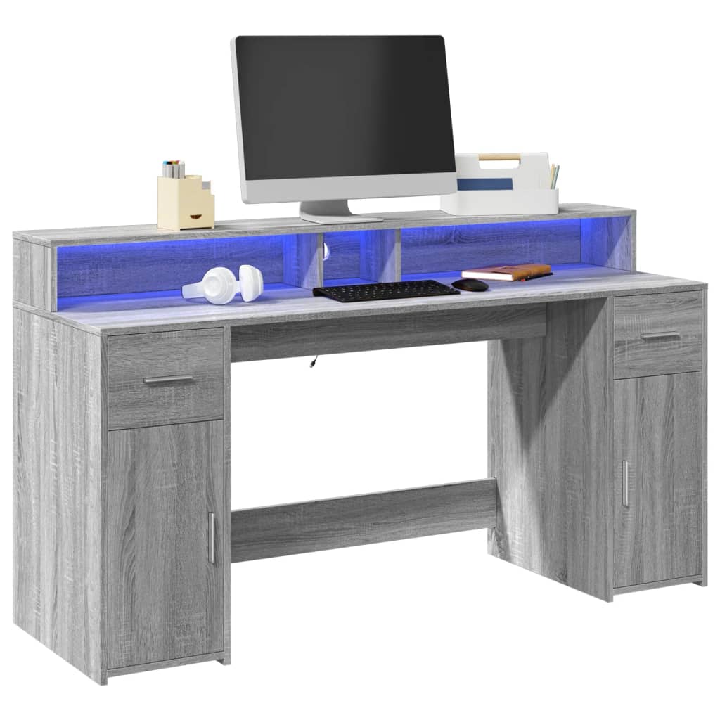 Secretária luzes LED 160x55x91cm deriv. madeira cinzento sonoma