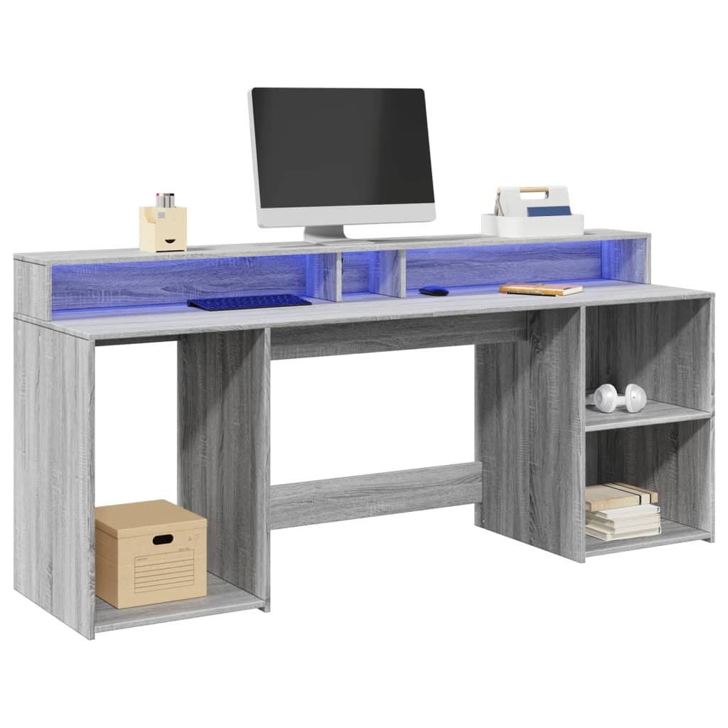 Secretária luzes LED 200x55x91cm deriv. madeira cinzento sonoma