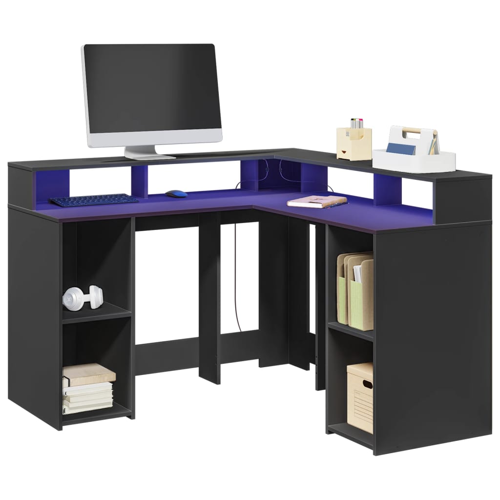 Secretária c/ luzes LED 130x130x91 cm derivados madeira preto