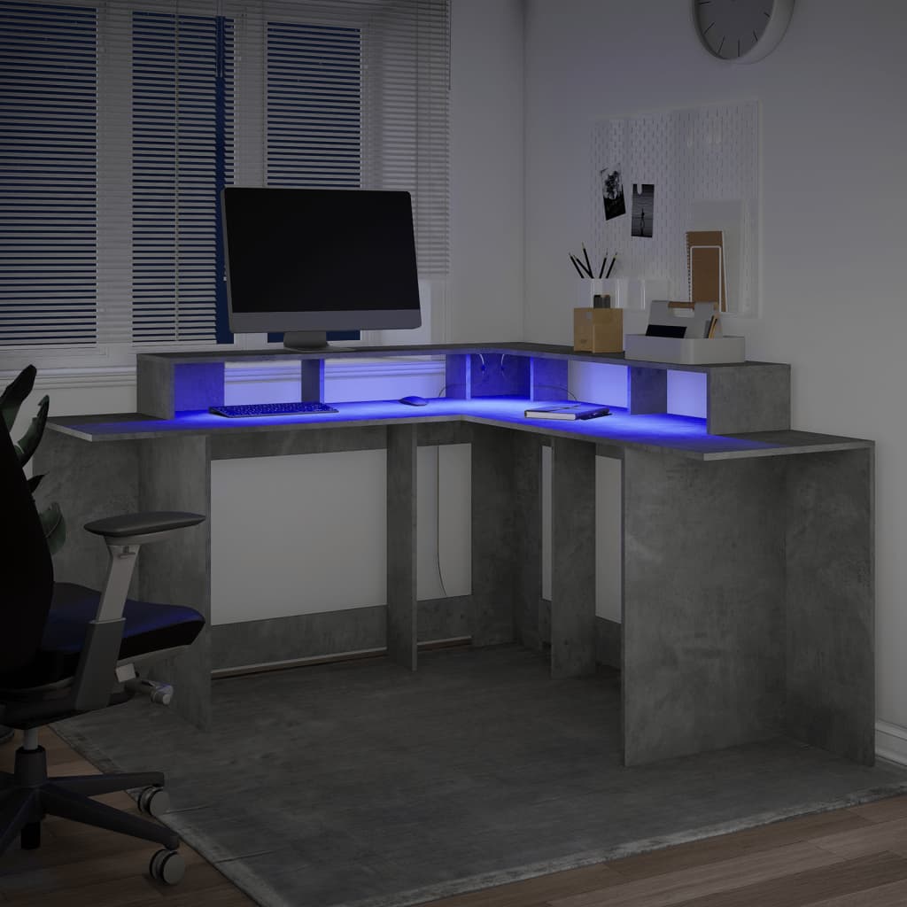 Secretária luzes LED 152x152x91 cm deriv. madeira cinza cimento