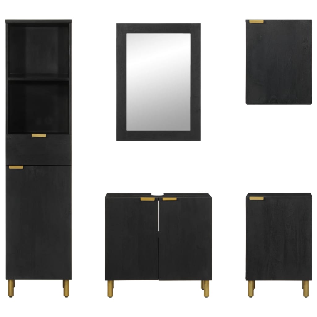 5 pcs conj. móveis de casa de banho derivados de madeira preto