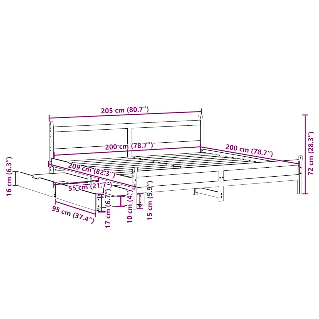 Cama sem colchão 200x200 cm madeira de pinho maciça