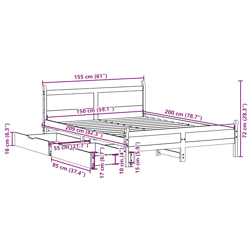 Cama sem colchão 150x200 cm madeira de pinho maciça