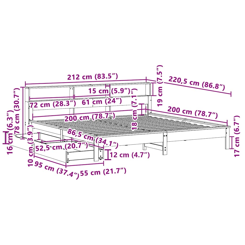 Cama com estante sem colchão 200x200 cm pinho maciço