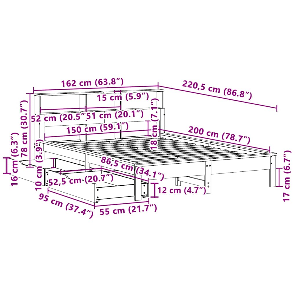 Cama com estante sem colchão 150x200 cm pinho maciço