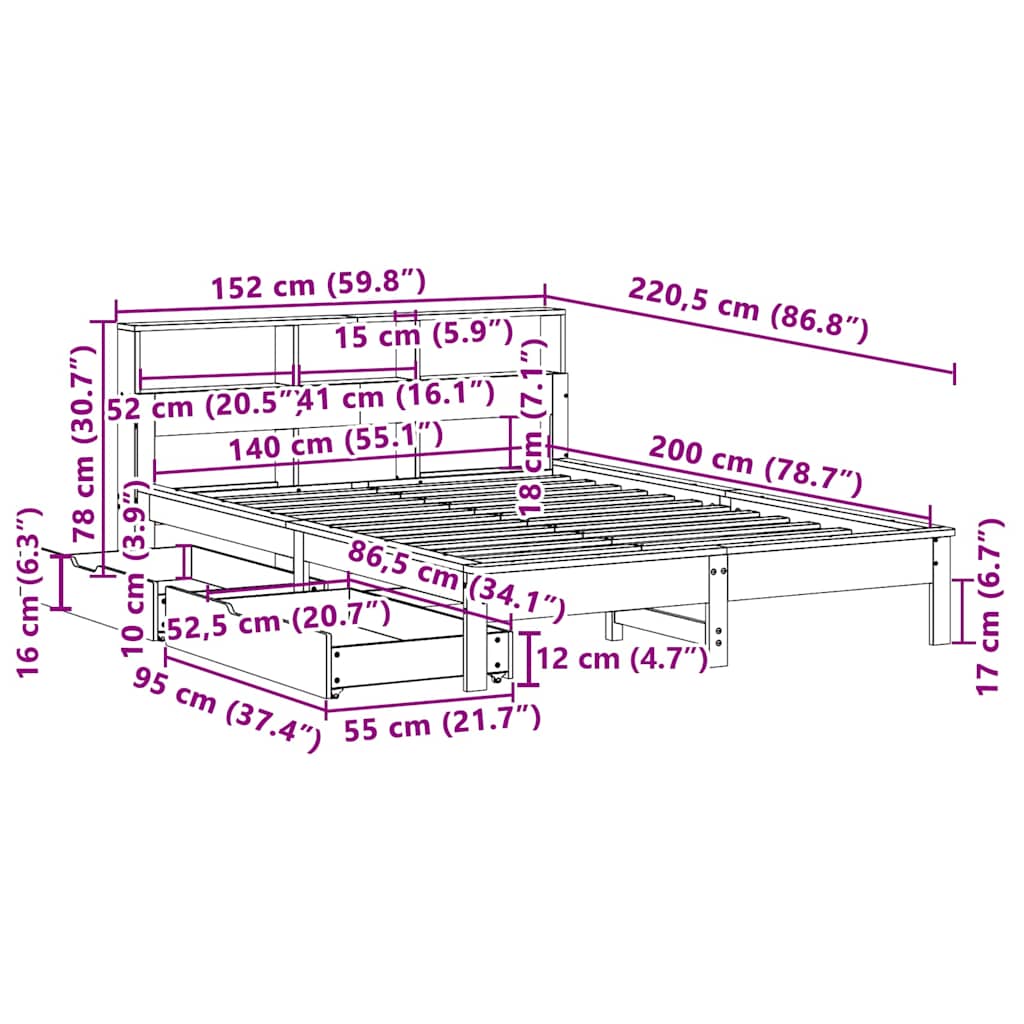 Cama com estante sem colchão 140x200 cm pinho maciço