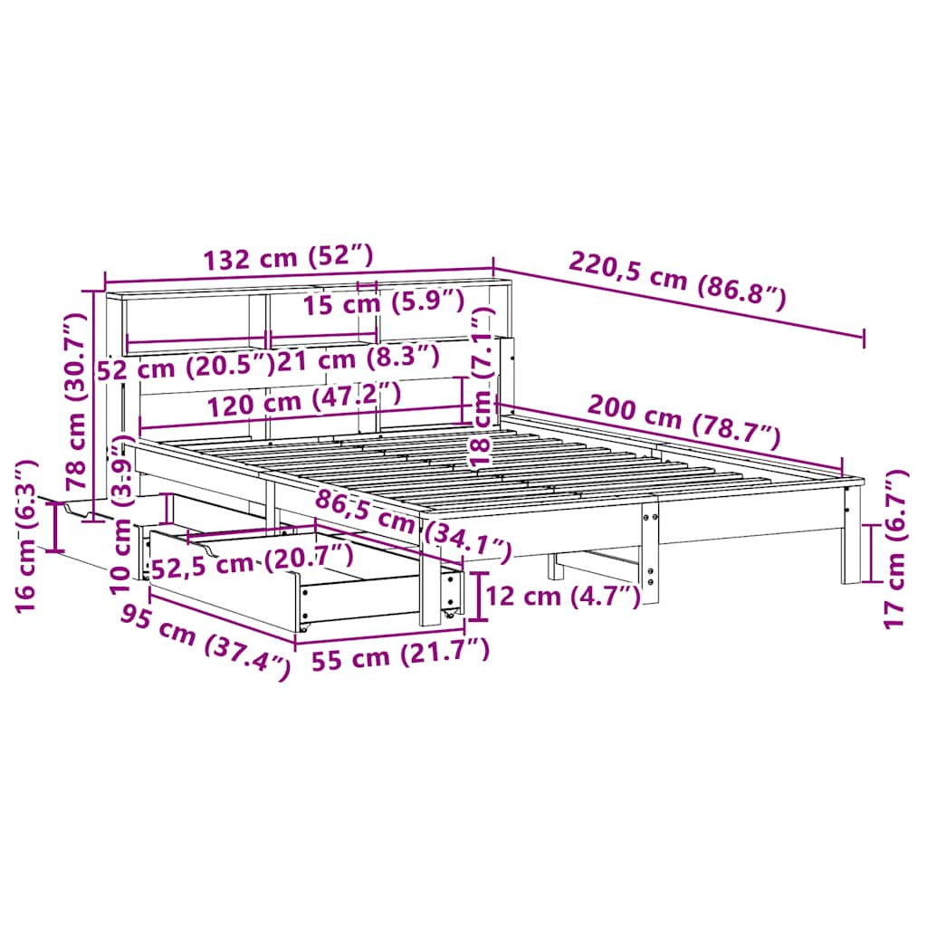 Cama com estante sem colchão 120x200 cm pinho maciço