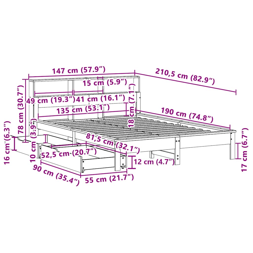 Cama com estante sem colchão 135x190 cm pinho maciço