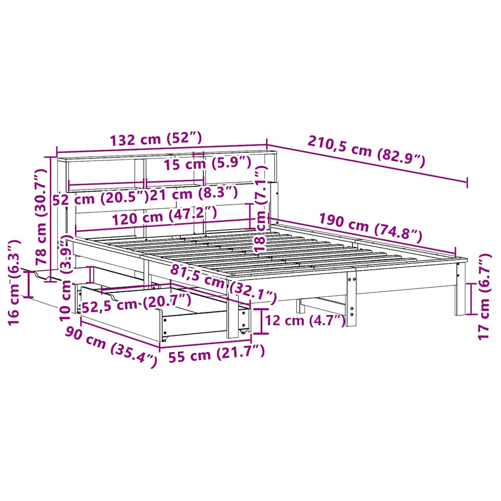Cama com estante sem colchão 120x190 cm pinho maciço