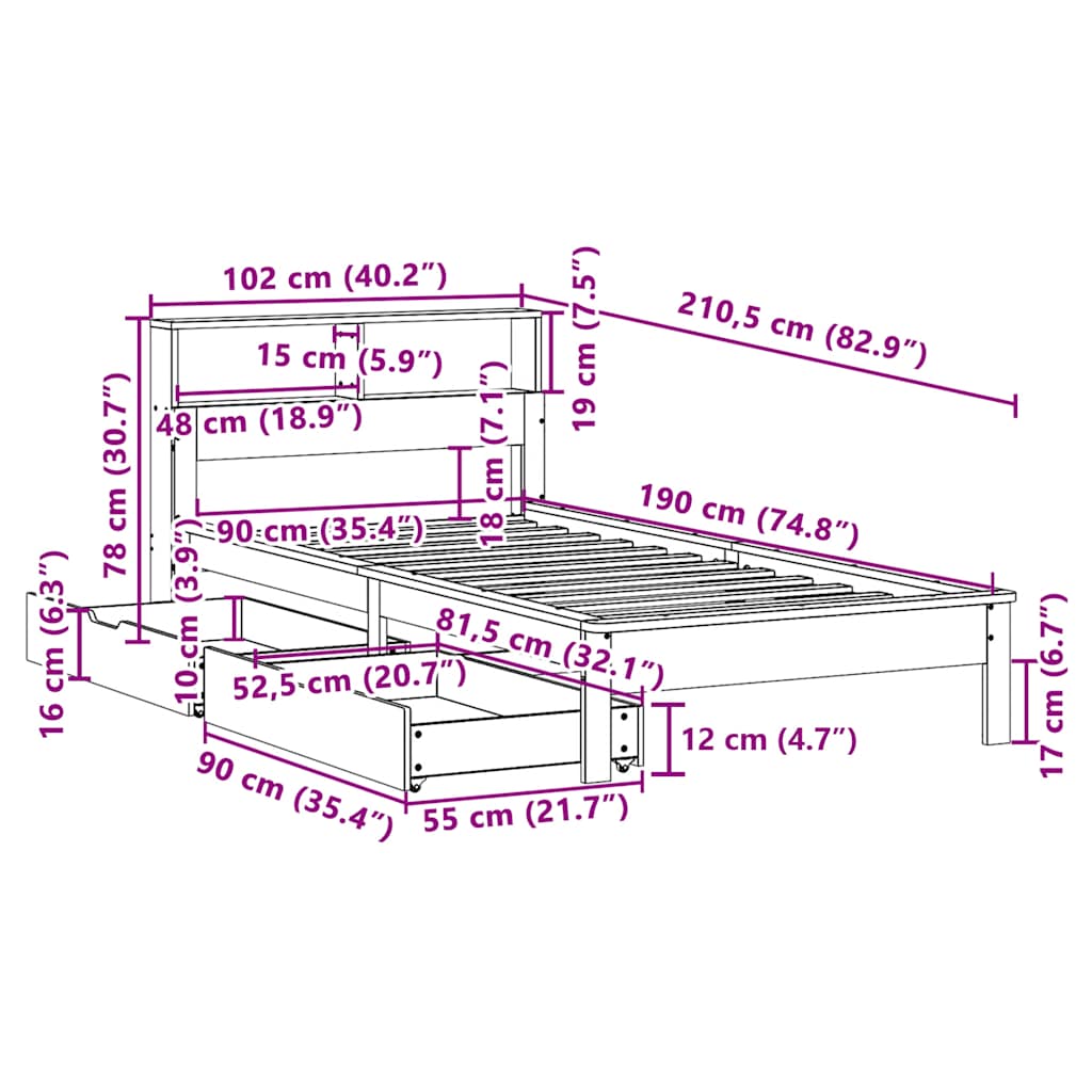 Cama com estante sem colchão 90x190 cm pinho maciço