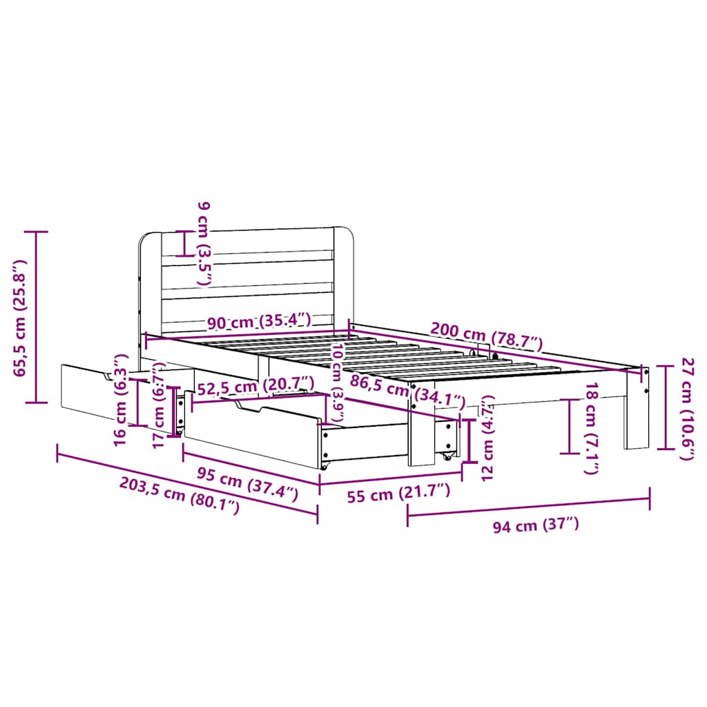 Cama sem colchão 90x200 cm madeira de pinho maciça