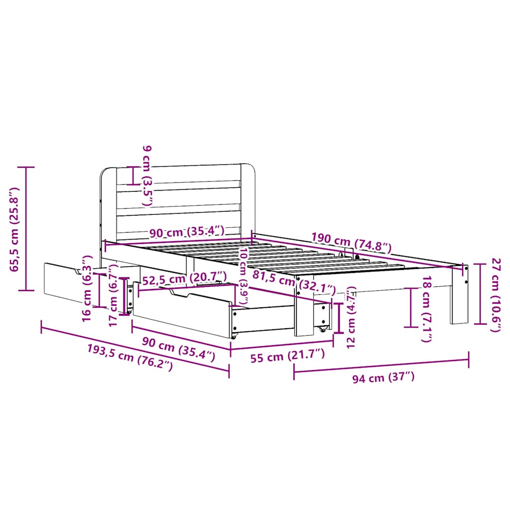 Cama sem colchão 90x190 cm madeira de pinho maciça