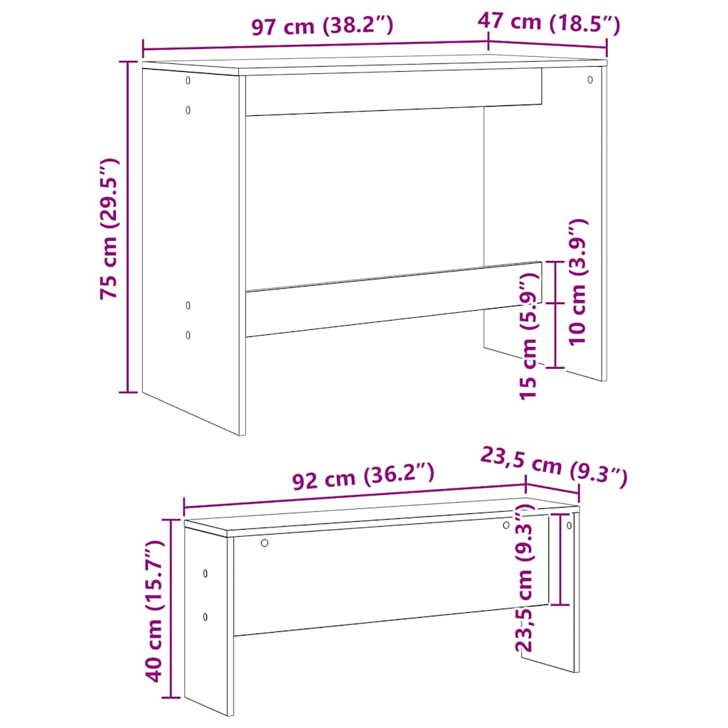 3 pcs conj. mesa jantar e banco deriv. madeira branco brilhante