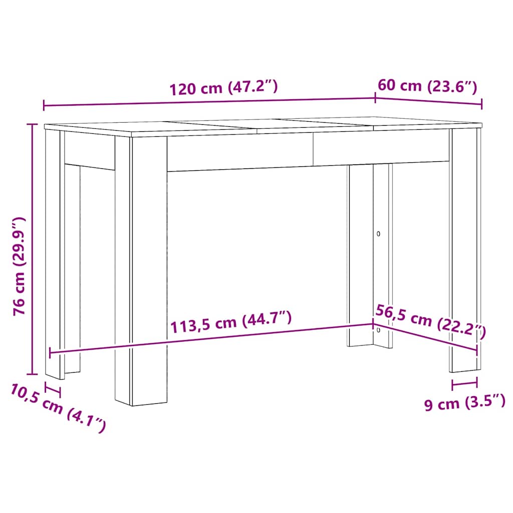 Mesa de jantar 120x60x76cm derivados madeira carvalho artisiano