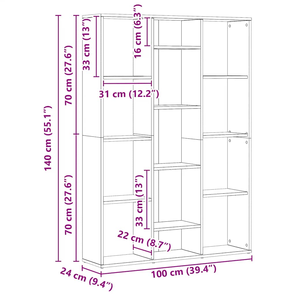 Divisória/estante 100x24x140cm deriv.madeira carvalho artisiano