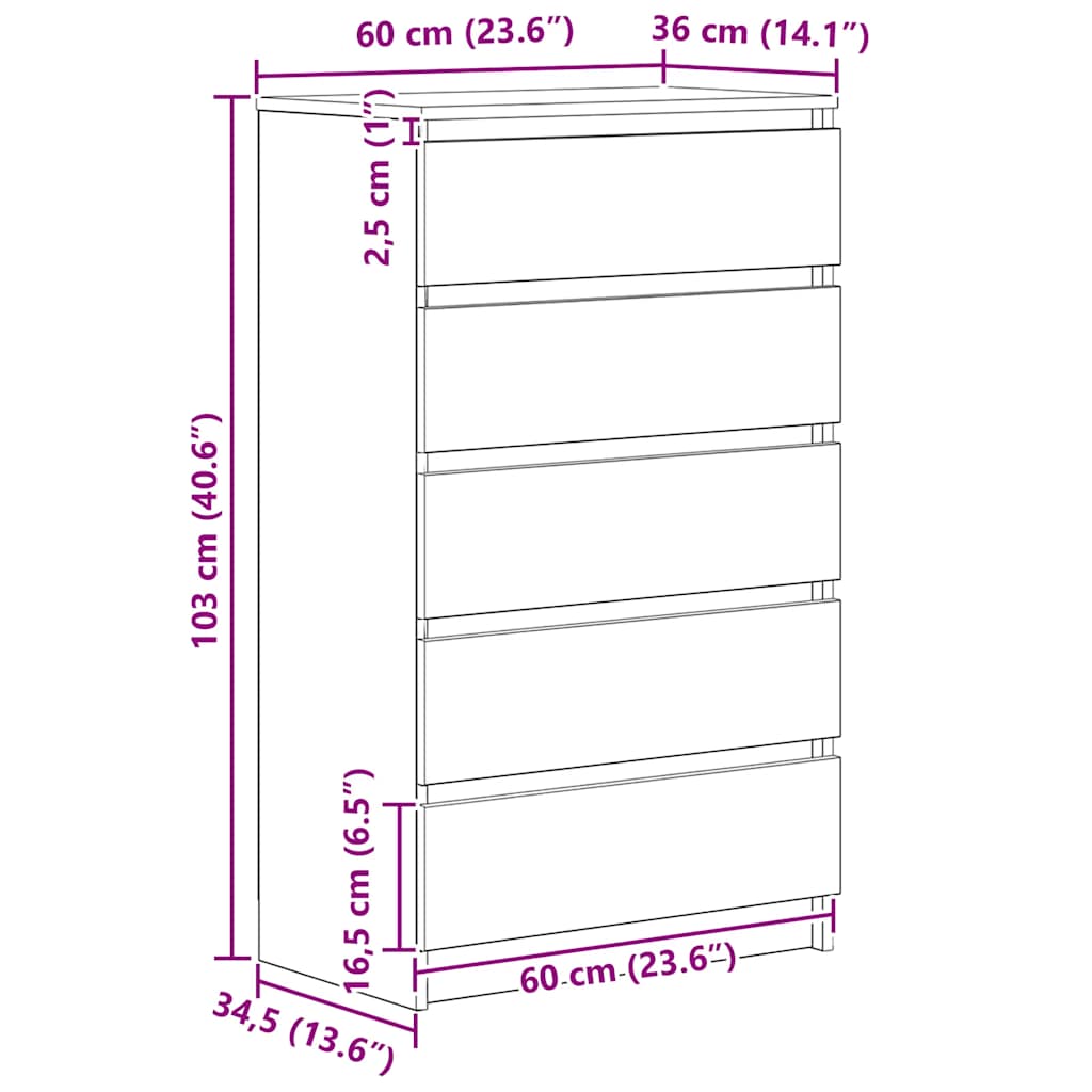 Armário gavetas 60x36x103 cm deriv. madeira carvalho artisiano