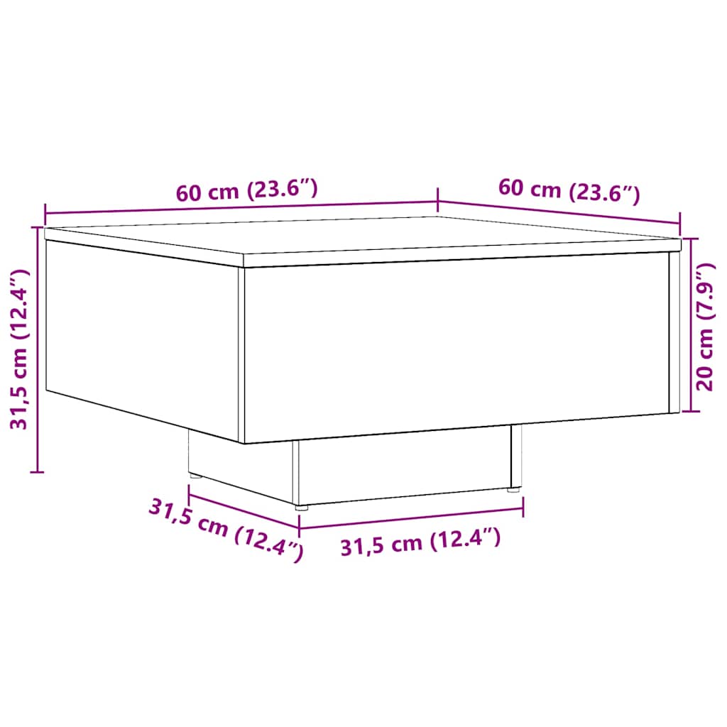 Mesa de centro 60x60x31,5cm derivados madeira carvalho castanho
