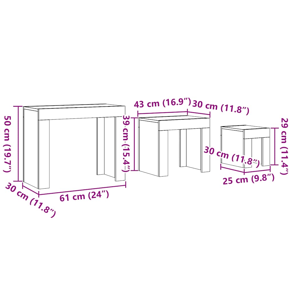 Mesas centro encastrar 3 pcs deriv. madeira carvalho artisiano