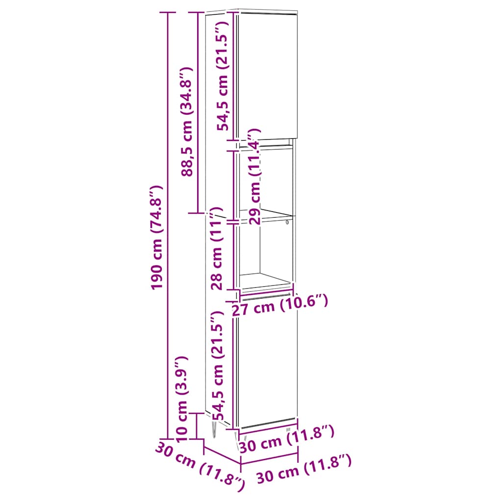 Armário WC 30x30x190 cm derivados de madeira carvalho artisiano