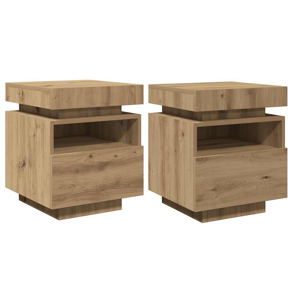 Mesas cabeceira c/luzes LED 2pc 40x39x48,5cm carvalho artisiano