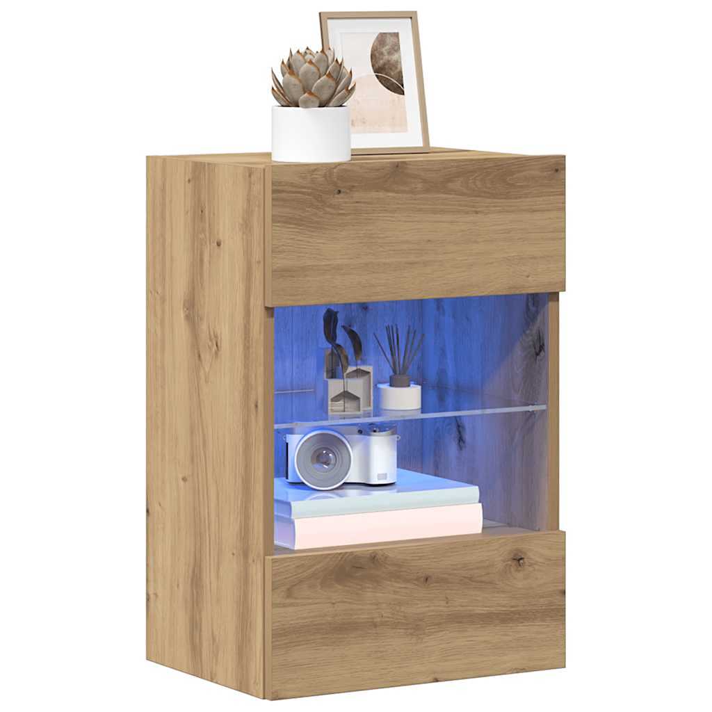 Armários de parede com luzes LED para TV 2 pcs carvalho artesanal