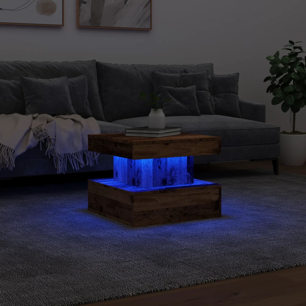 Mesa de centro com luzes LED 50x50x40 cm madeira velha