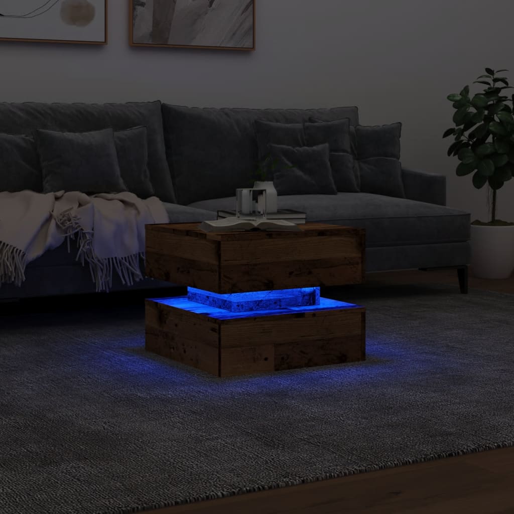 Mesa de centro com luzes LED 50x50x40 cm madeira velha
