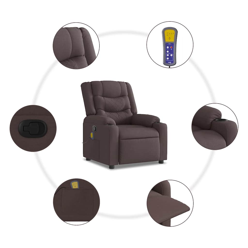 Poltrona de massagens reclinável tecido castanho-escuro