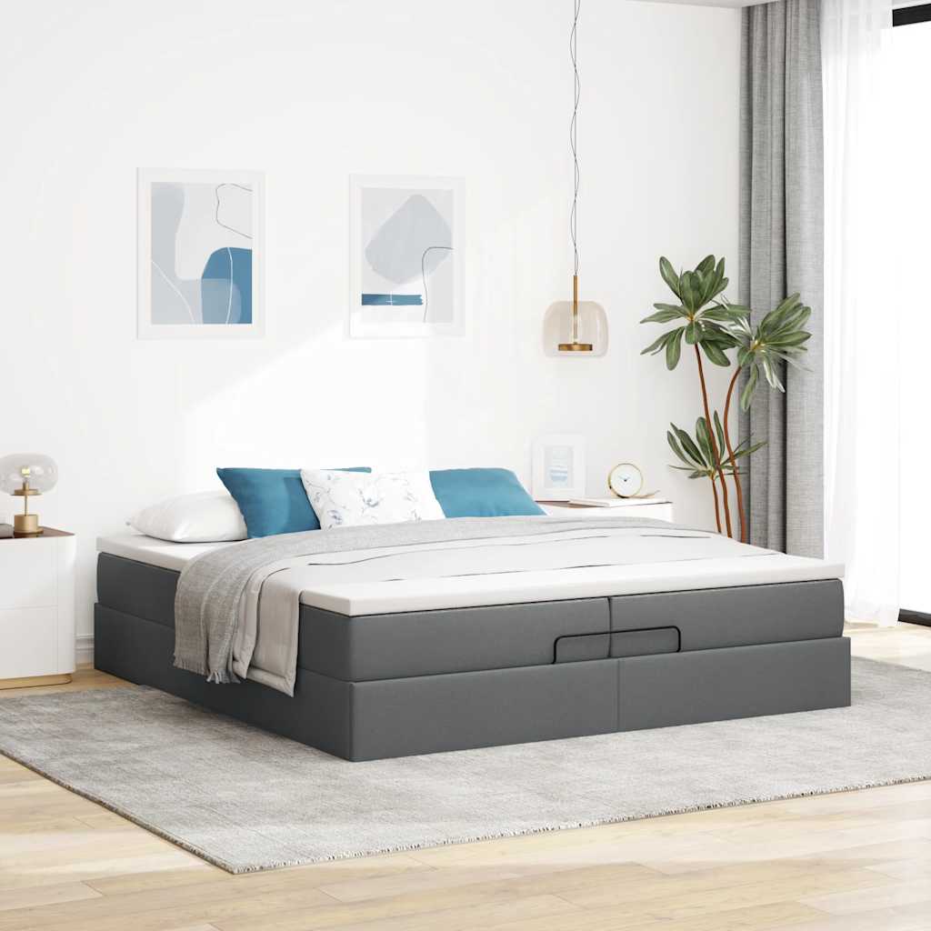 Estrutura de cama otomana com colchões tecido cinzento escuro
