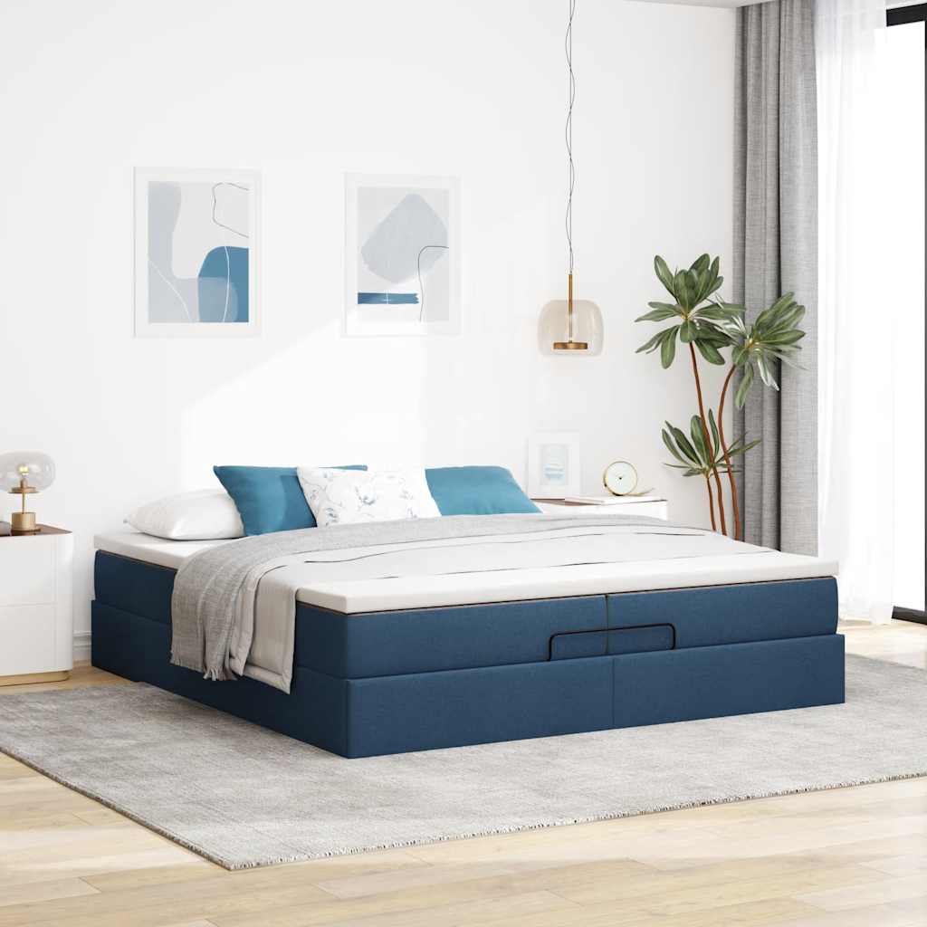 Estrutura de cama otomana com colchões 200x200cm tecido azul