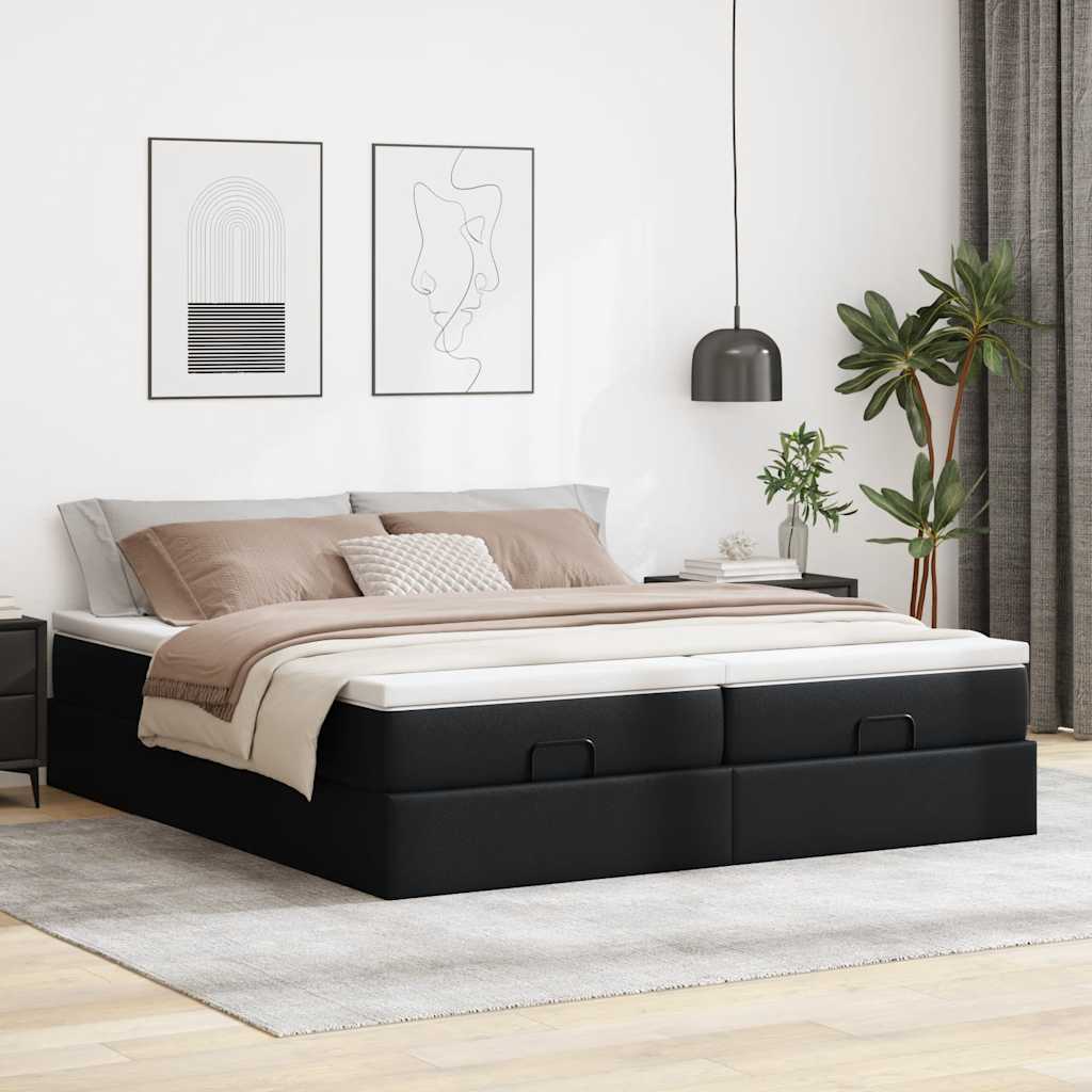 Estrutura de cama otomana com colchões pele artificial preta