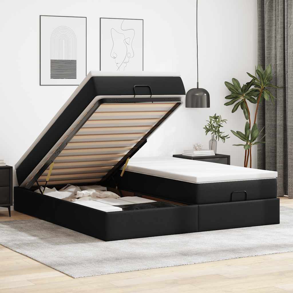 Estrutura de cama otomana com colchões pele artificial preta
