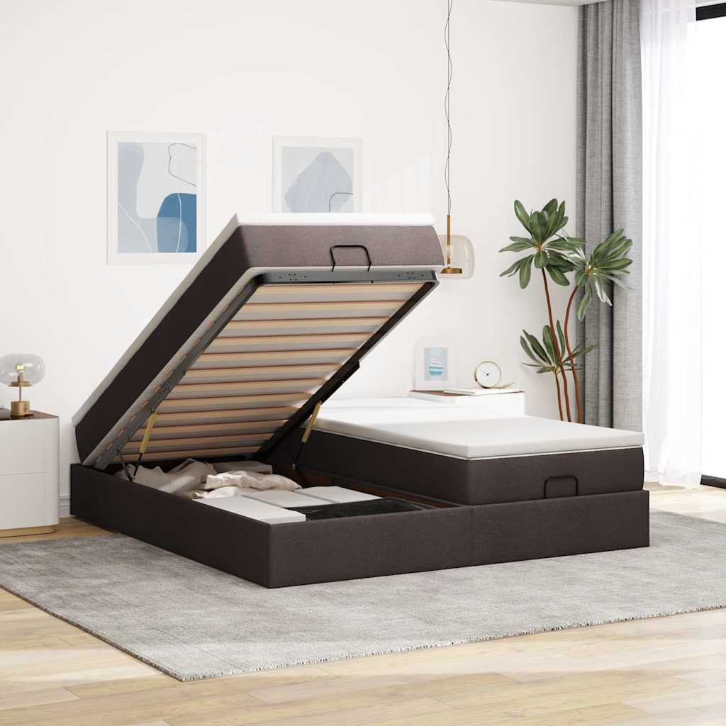Estrutura de cama otomana com colchões tecido castanho escuro