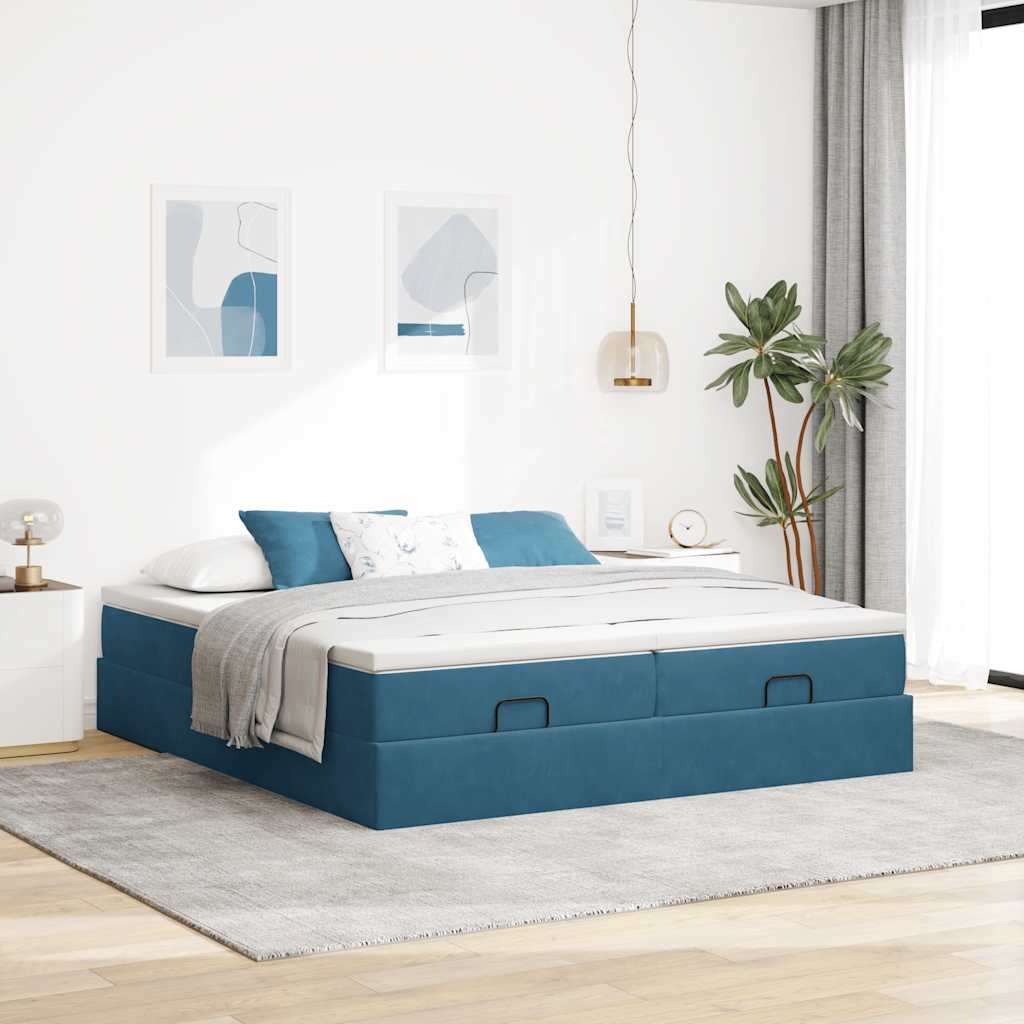Estrutura cama otomana colchões 180x200 cm veludo azul escuro