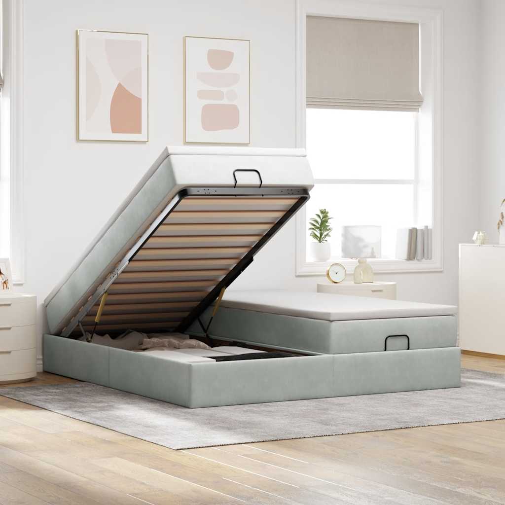 Estrutura cama otomana colchões 200x200cm veludo cinzento claro