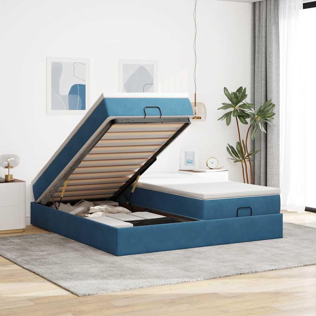 Estrutura de cama otomana com colchão azul escuro Veludo
