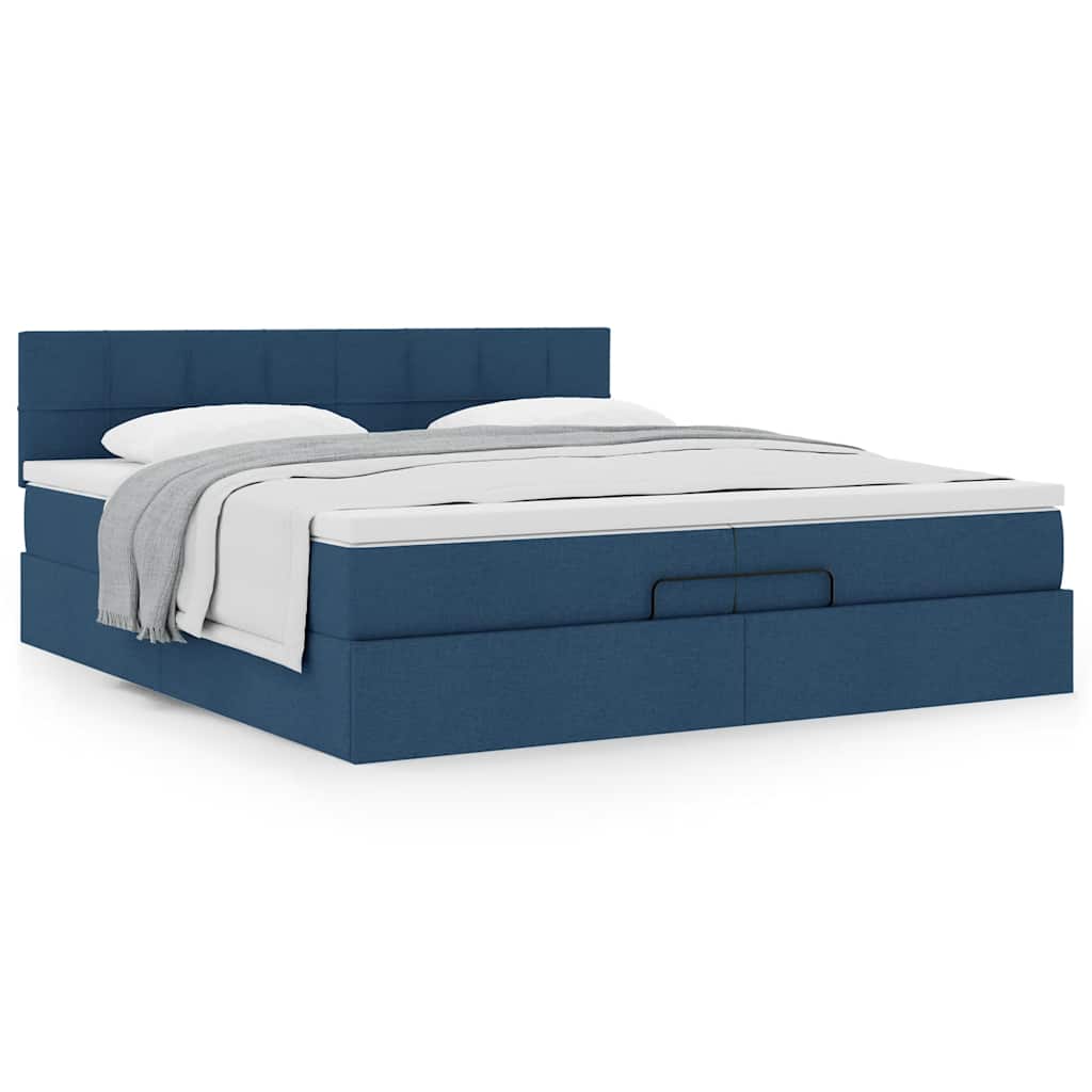 Estrutura de cama otomana com colchão 200x200 cm tecido azul