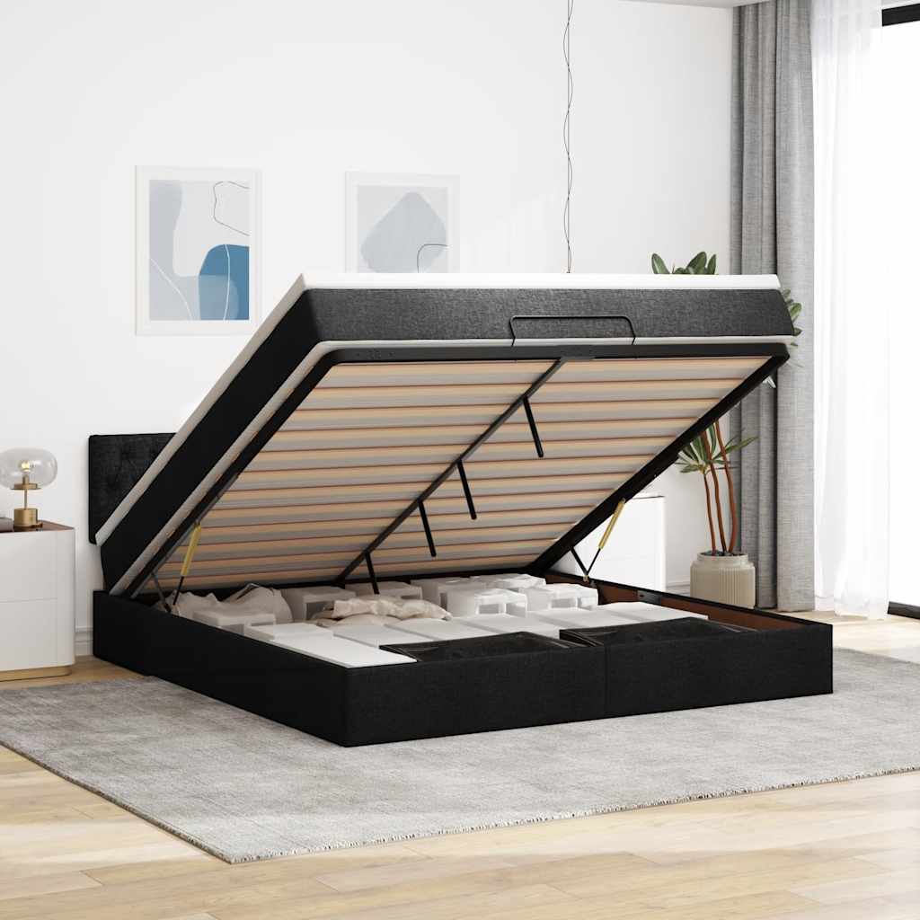 Estrutura de cama otomana com colchão 180x200 cm tecido preto