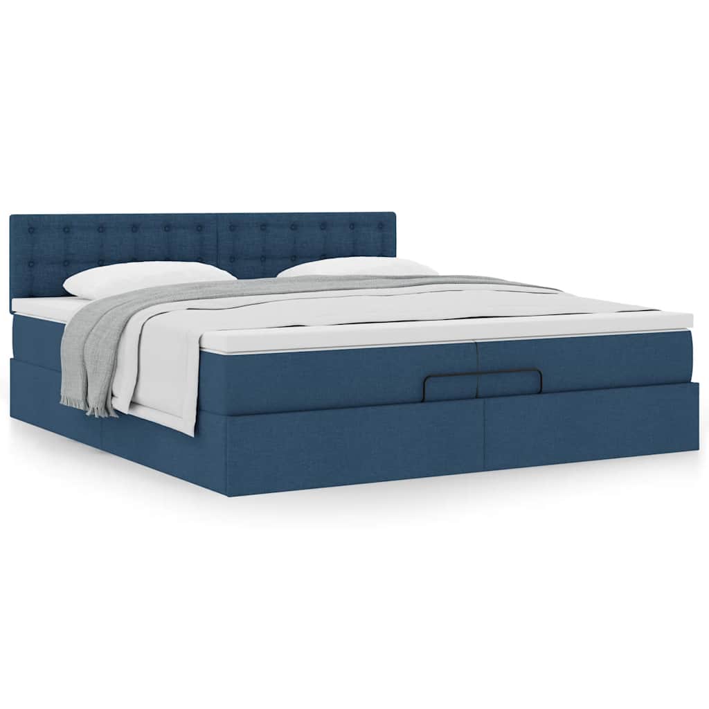 Estrutura de cama otomana com colchão 200x200 cm tecido azul