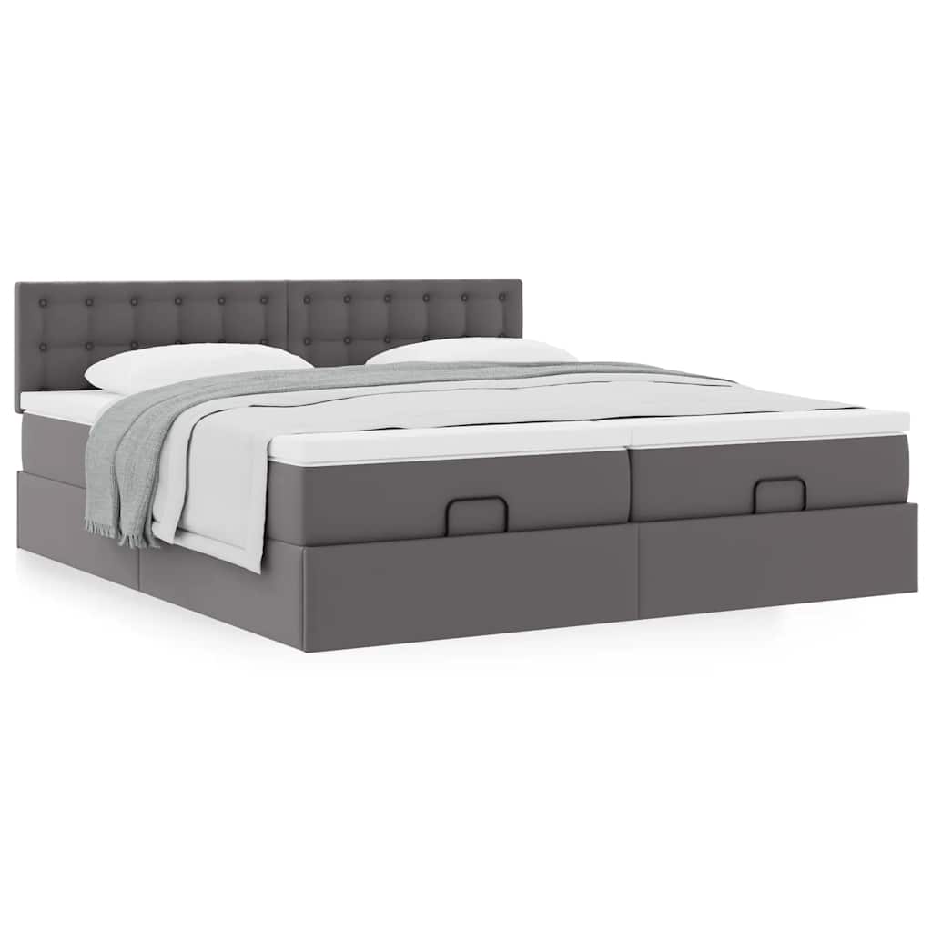 Estrutura de cama otomana com colchão cinza couro falso