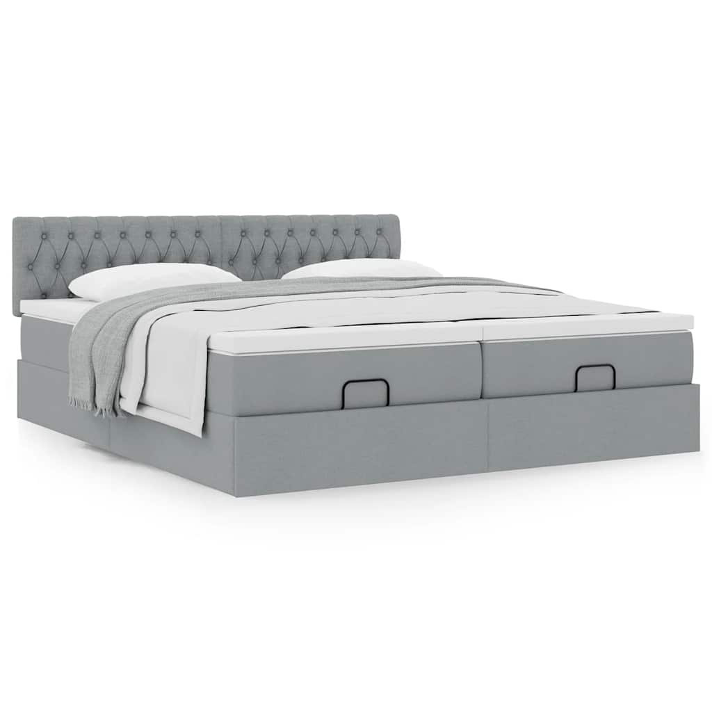 Estrutura de cama otomana com colchões tecido cinzento claro