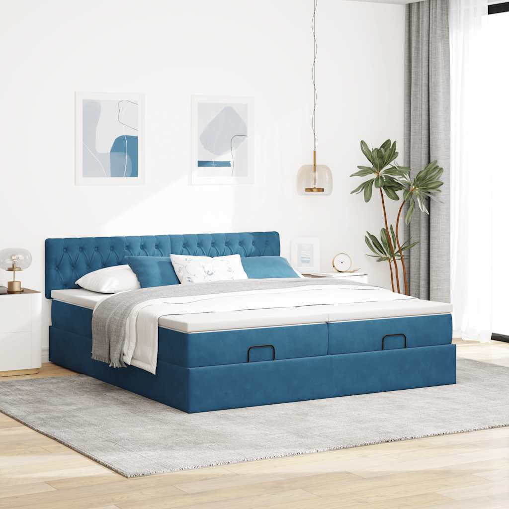 Estrutura de cama otomana com colchão azul escuro Veludo