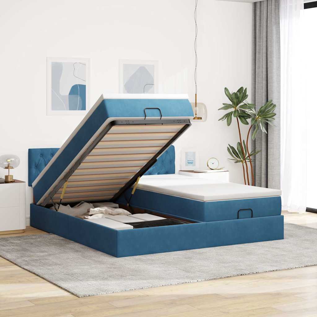 Estrutura de cama otomana com colchão azul escuro Veludo