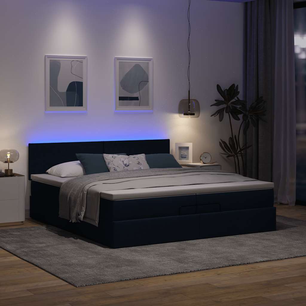 Estrutura de cama otomana com colchões 200x200cm tecido azul