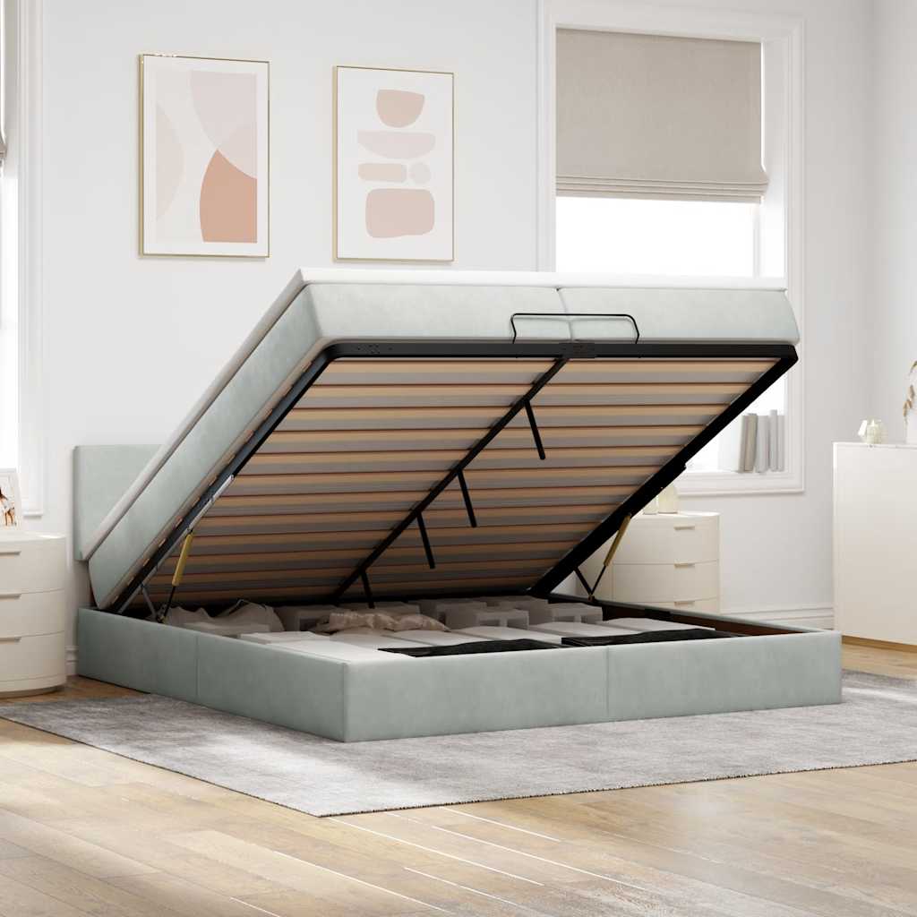 Estrutura cama otomana colchões 200x200cm veludo cinzento claro